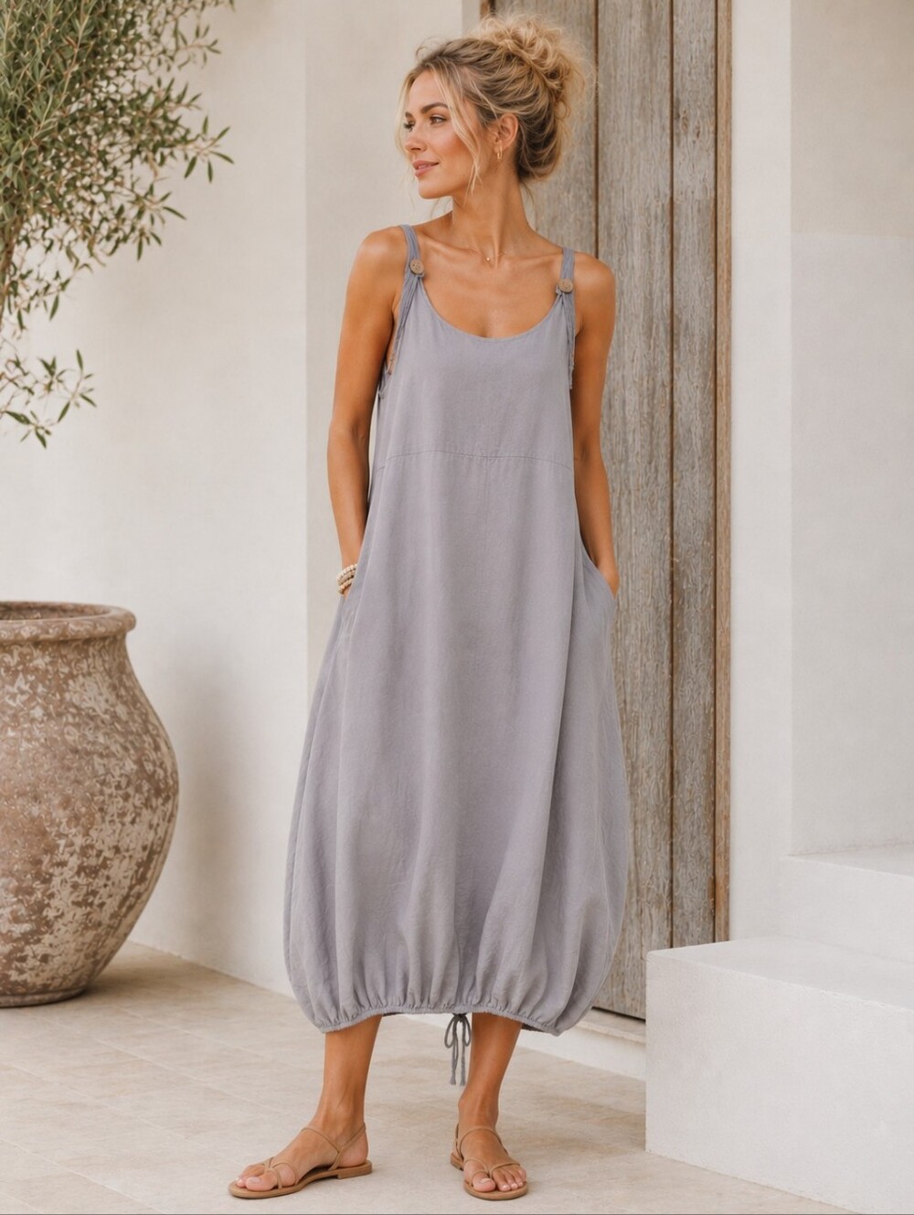 Orange Amore Made in Italy 100% Linen Bubble Hem Dress L/XL Balloon Hem Pockets - Picture 11 of 12